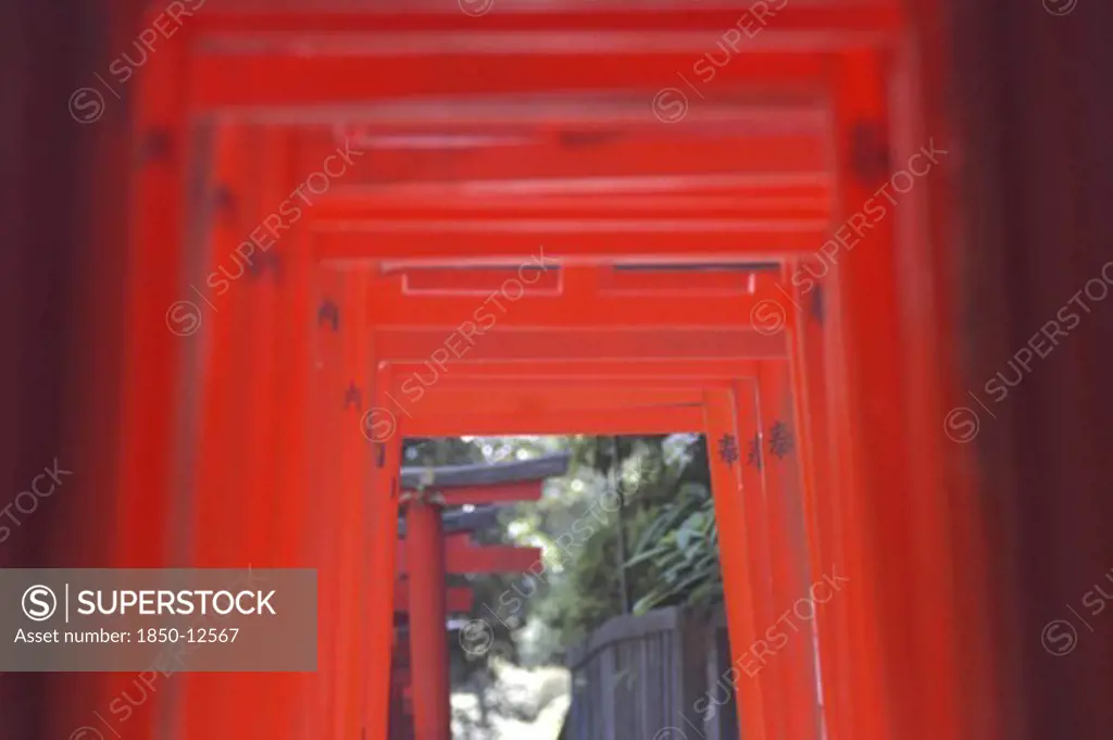 Japan, Honshu, Tokyo, Nezu. The Vermillion Torii Entrance Gates At The Inari Shrine Of Nezu-Jinja