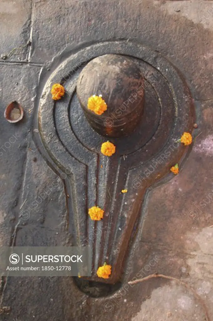 India, Uttar Pradesh, Varanasi, Shiva Lingam Decorated With Marigolds Near Chauki Ghat