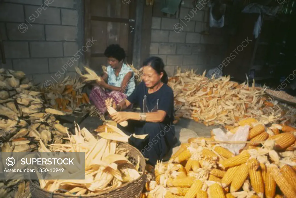 Thailand, Chiang Mai Province, Muen Keurt, Woman Shucking Corn In A Rural House
