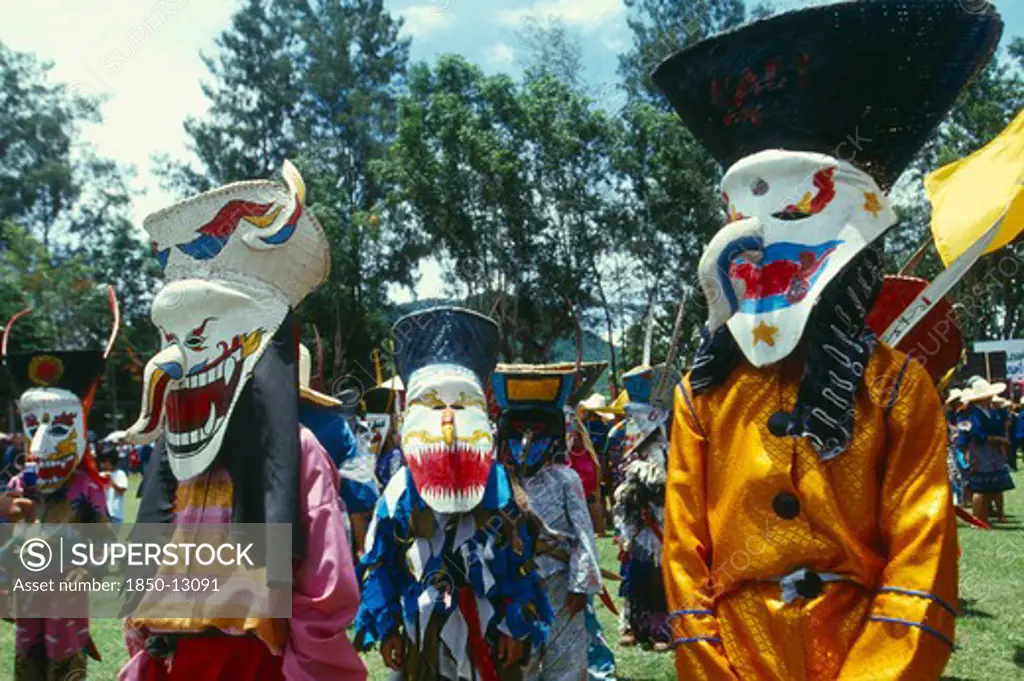 Thailand, Loei Province, Dan Sai, Phi Ta Khon Or Spirit Festival. Group Of Spirits In Costumes And Masks