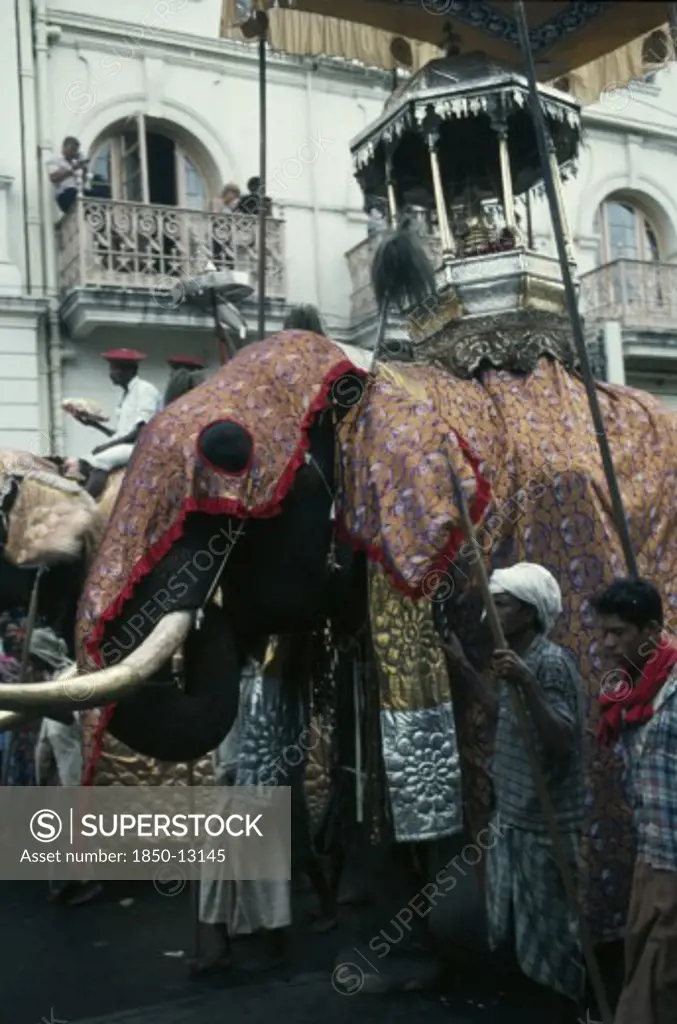 Sri Lanka, Kandy, Esala Perahera Festival Parade With Decorated Elephant Carrying Replica Of The Golden Relic Casket Containing Buddhas Tooth.