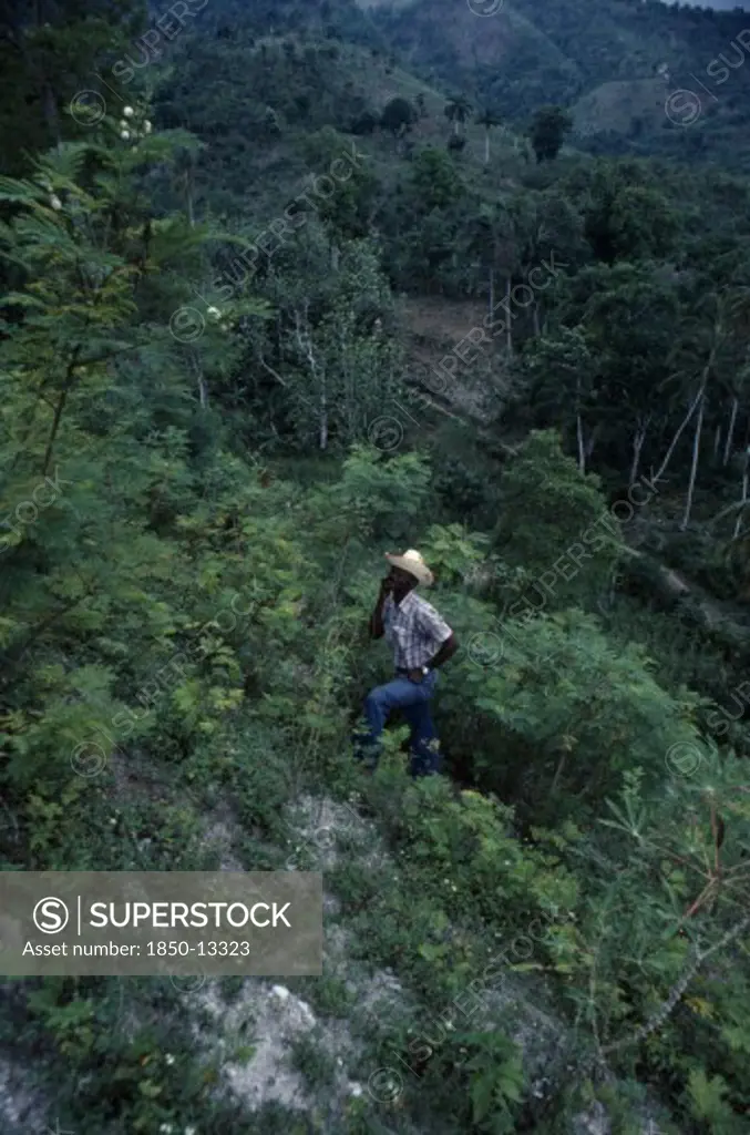 Haiti, Environment, Farmer In Deforested Hill Region.