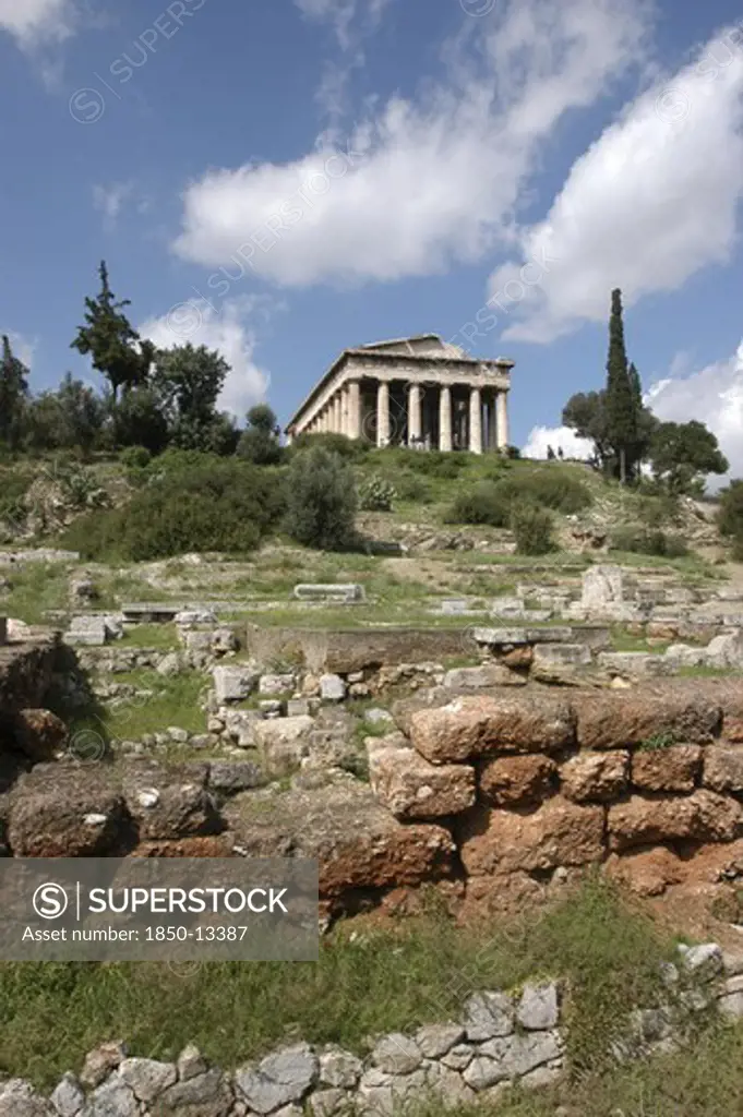 Greece, Athens, View Over The Ancient Agora Ruins Toward The Hilltop Temple Of Hephaestus