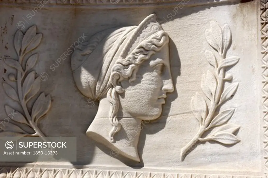 Greece, Athens, Carved Stone Relief Depicting Womans Head And Profile