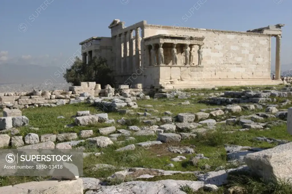 Greece, Athens, Acropolis. Southern Side Of The Erechtheion With The Caryatids Statues