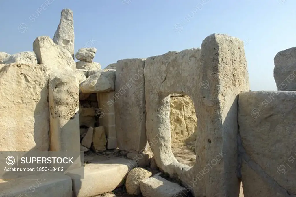 Malta, Hagar Qim, Ruined Chamber Of The Temple Constructed Of Huge Limestone Slabs Dating From Circa 3000Bc