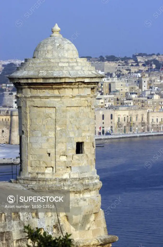Malta, Vittoriosa, View Of Fortification Sentry Post Overlooking Harbour