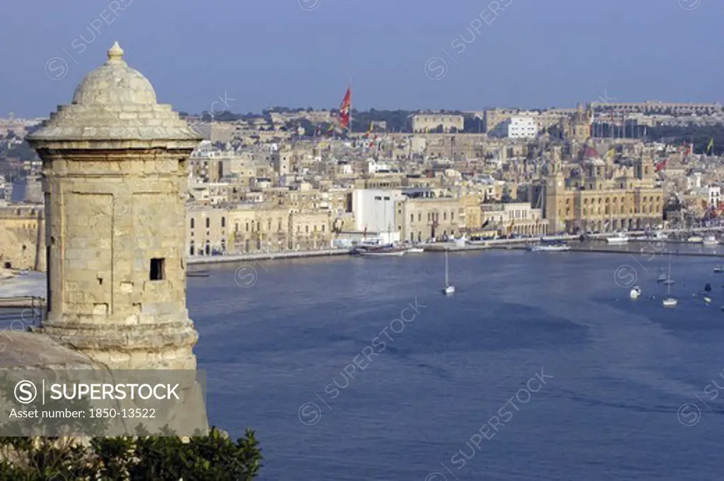 Malta, Vittoriosa, View Of Fortification Sentry Post Overlooking Harbour And Town