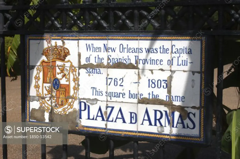Usa, Louisiana, New Orleans, French Quarter. Tiled Plaque On Wrought Iron Gate Of The Historically Known Plaza D Armas