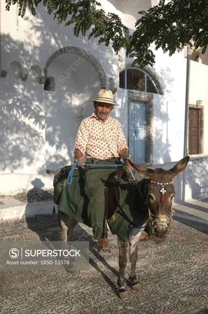 Greece, Cyclades, Santorini, Man On A Donkey In The Street