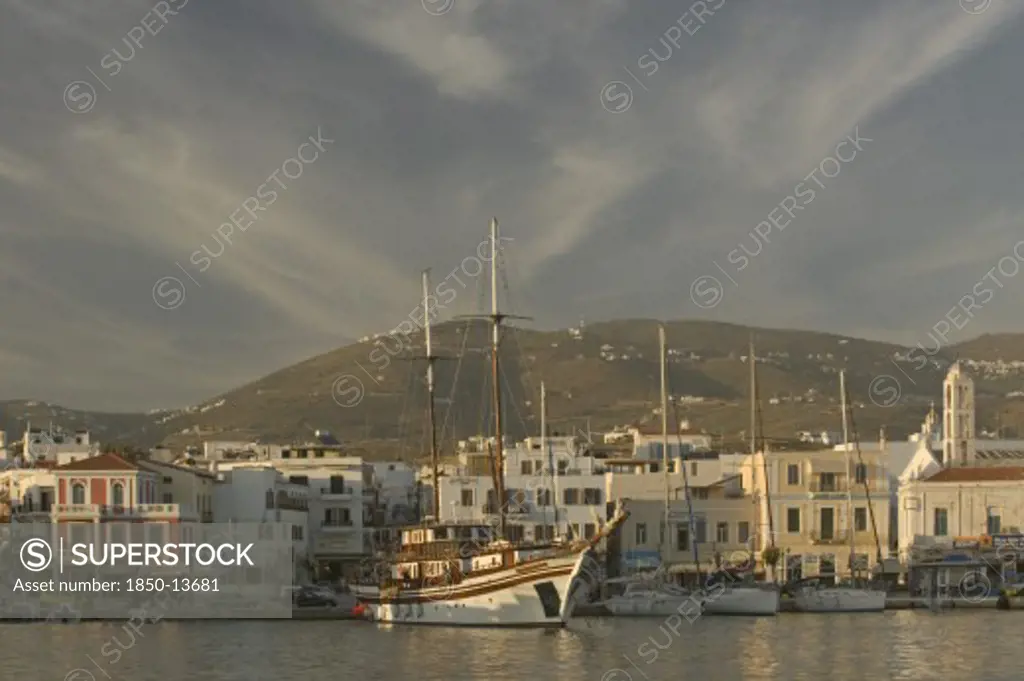 Greece, Cyclades, Tinos, Yachts Moored Along The Waterfront At Hora Aka Tinos Town