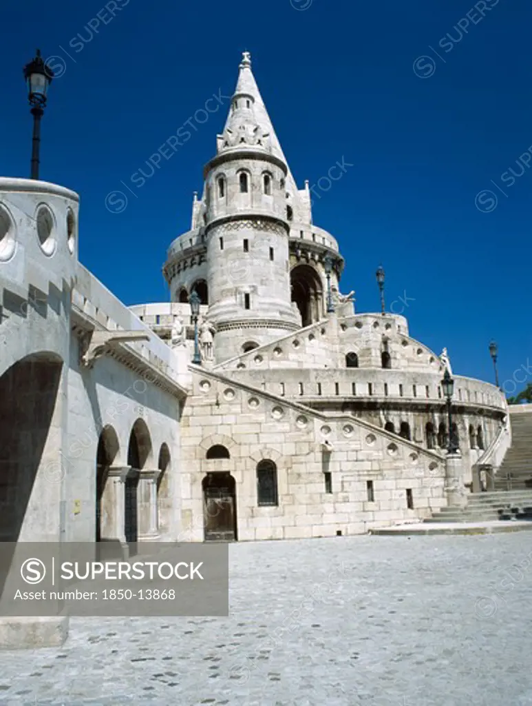 Hungary, Budapest, Castle Hill. View Of The Fishermans Bastion Which Dates From 1905
