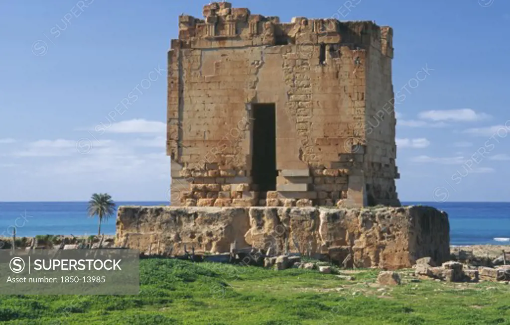 Libya, Tolmeita, Ruined Tomb With The Sea Behind