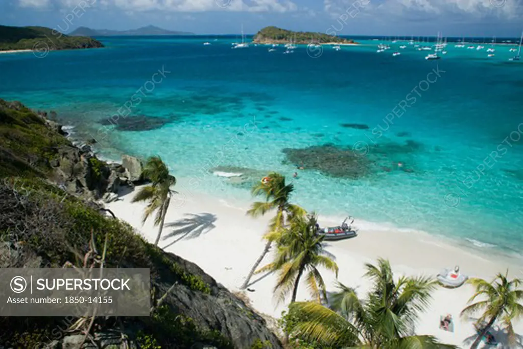 West Indies, St Vincent & The Grenadines, Tobago Cays, Looking Over The Cays And Moored Yachts Towards Canouan On The Horizon  From Jamesby Island