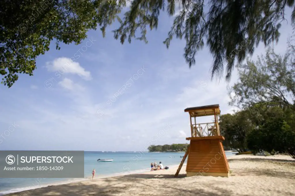 West Indies, Barbados, St James, Holetown Beach With Lifeguards Hut
