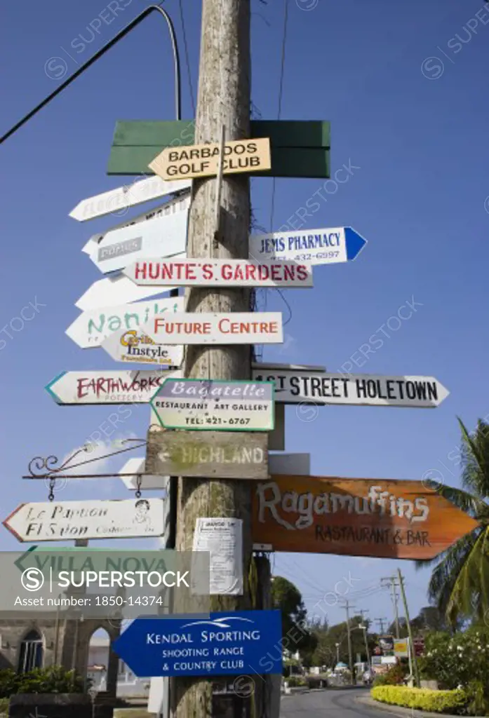 West Indies, Barbados, St James, Signpost In Holetown