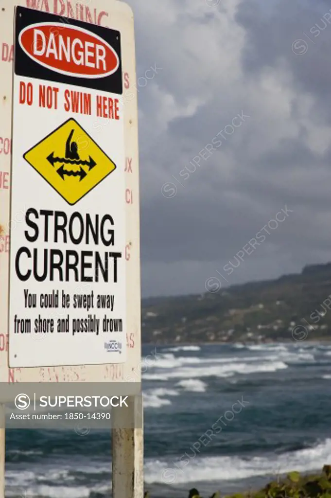 West Indies, Barbados, St Andrew, Warning Sign Of Strong Currents Off The Coast At Barclays Park