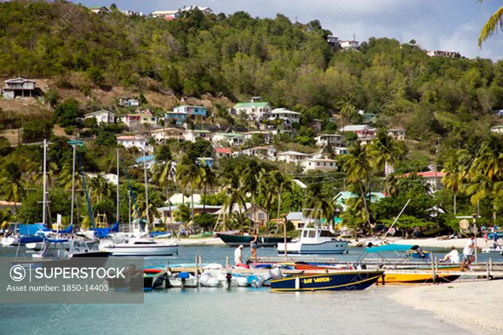 West Indies, St Vincent & The Grenadines, Bequia, Jetty With Moored Yachts In Admiralty Bay With Hillside Houses Beyond In Port Elizabeth