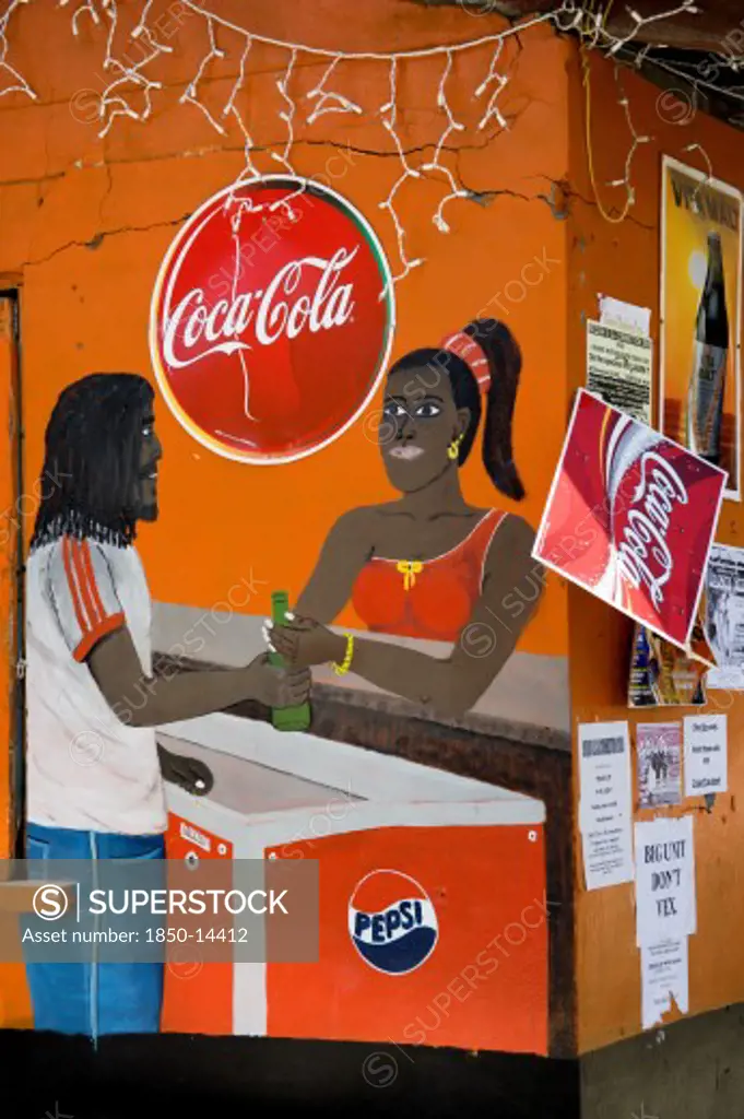 West Indies, St Vincent & The Grenadines, Bequia, Wall Painting On A Bar Depicting Woman Selling Drinks To A Man From An Ice Cooler