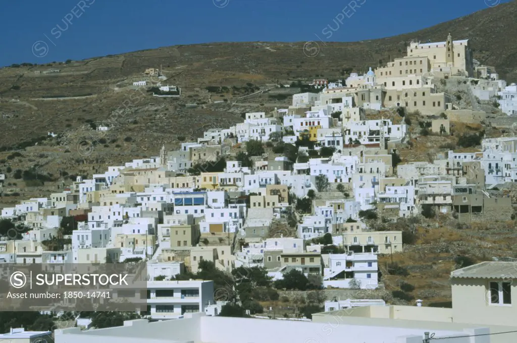 Greece, Cyclades Islands, Syros, Ermoupolis. The Ano Sypros Catholic Quater With Mountains Behind.