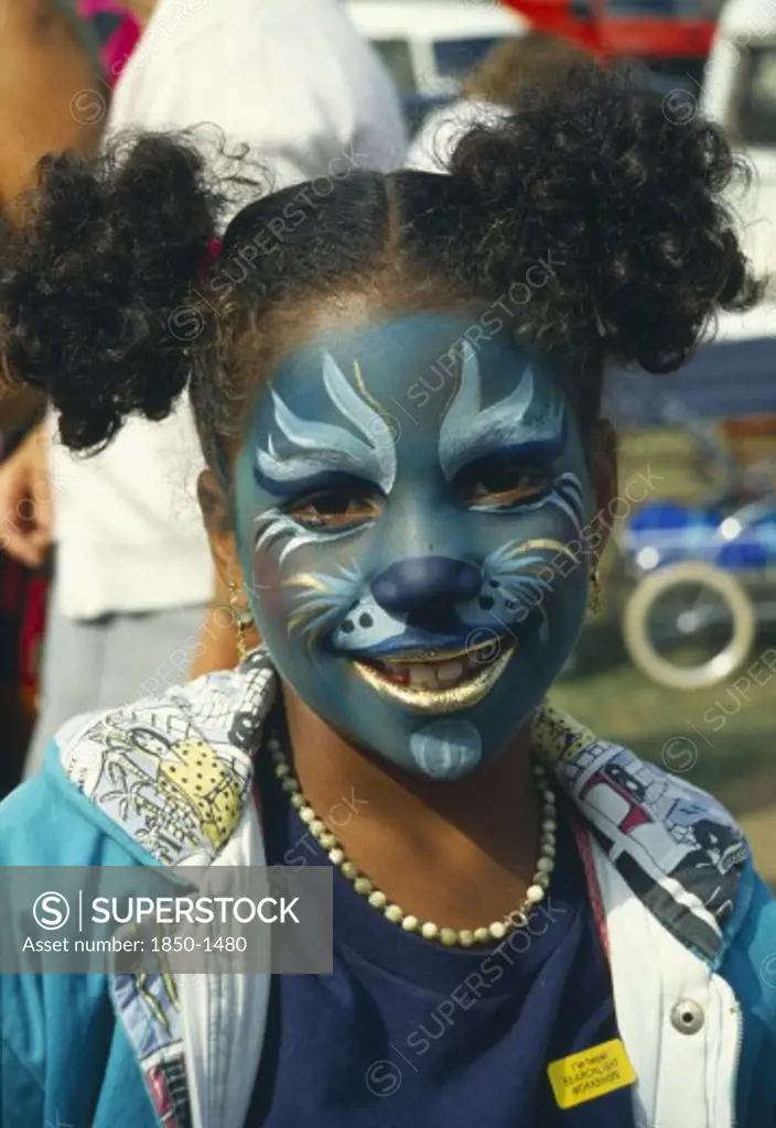 Children, Play, Face Painting, Girl With Face Painted With Cat Design.