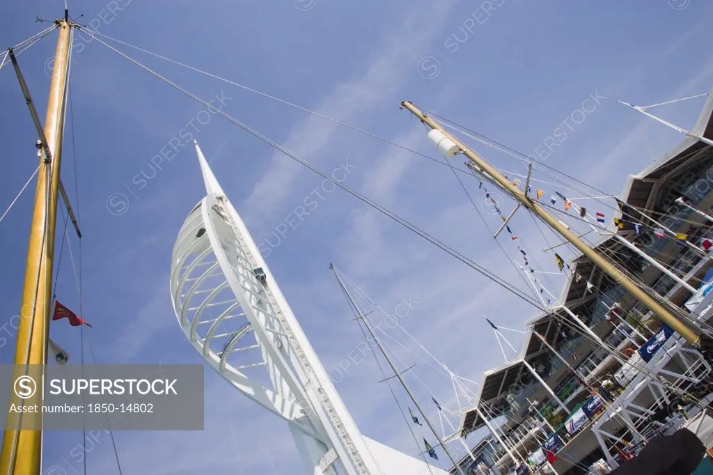 England, Hampshire, Portsmouth, The Spinnaker Tower The Tallest Public Viewing Platforn In The Uk At 170 Metres On Gunwharf Quay With Yachts Mast In The Foreground