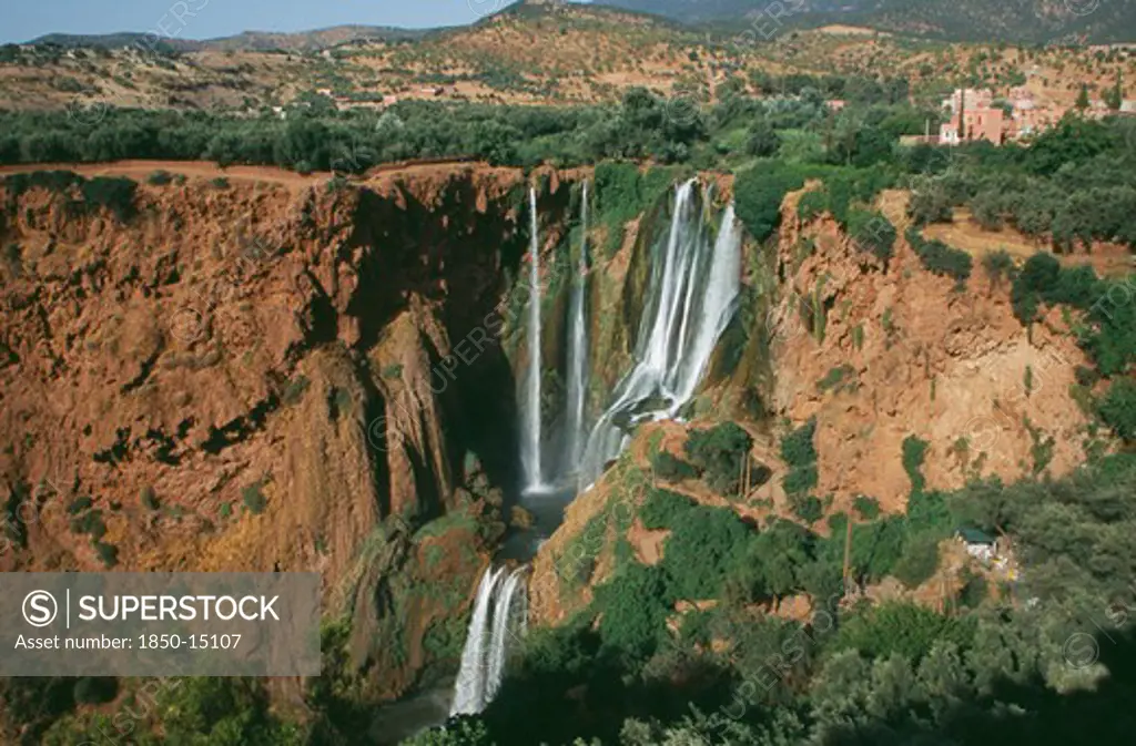 Morocco, Middle Atlas, Cascades DOuzoud, Waterfalls Of The Olives.  View Towards Top Of Multiple Falls Cascading Over Rocks Into Natural Pools.