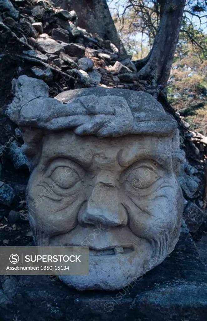 Honduras, Copan, Great Plaza, 'Mayan Ruins, Ad 250 To 900, Detail Of Carved Stone Head.'