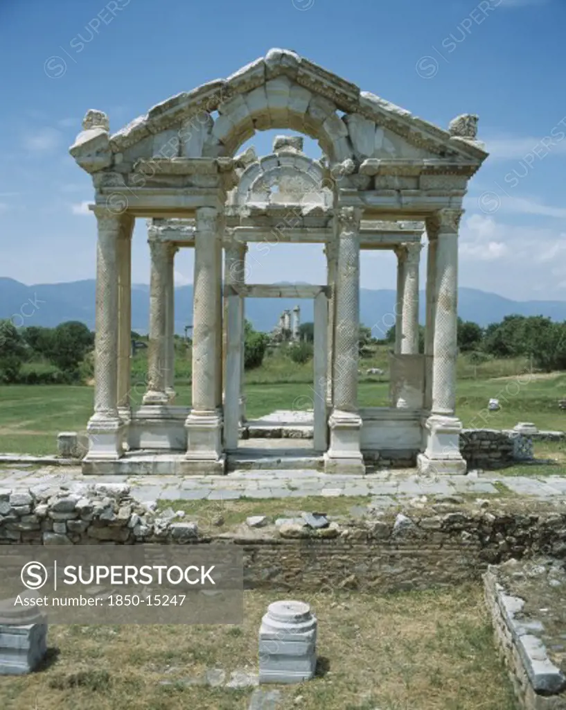 Turkey, Denizli, Ancient City Of Aphrodisias. Front On View Of Temple Of Aphrodisias. Ruins Of Columns And Roof.
