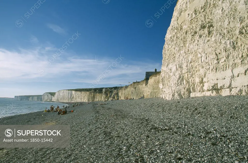 England, East Sussex, Birling Gap, Peeble Beach And A Long Section Of Cliff Face.