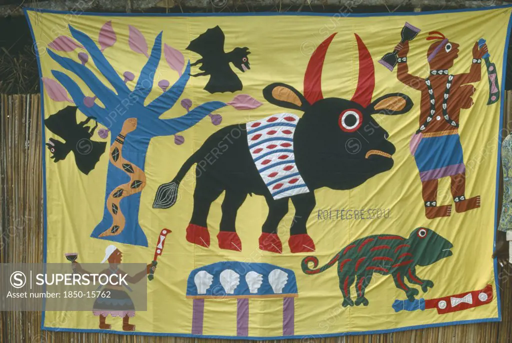 Benin, Voodoo, Voodoo Symbols On Embroidered Banner.