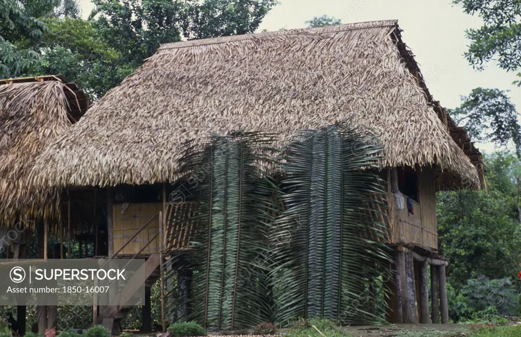 Ecuador, San Pablo De Kantesiya, Amazonian Indians Hut With Roof Thatched With Leaves.