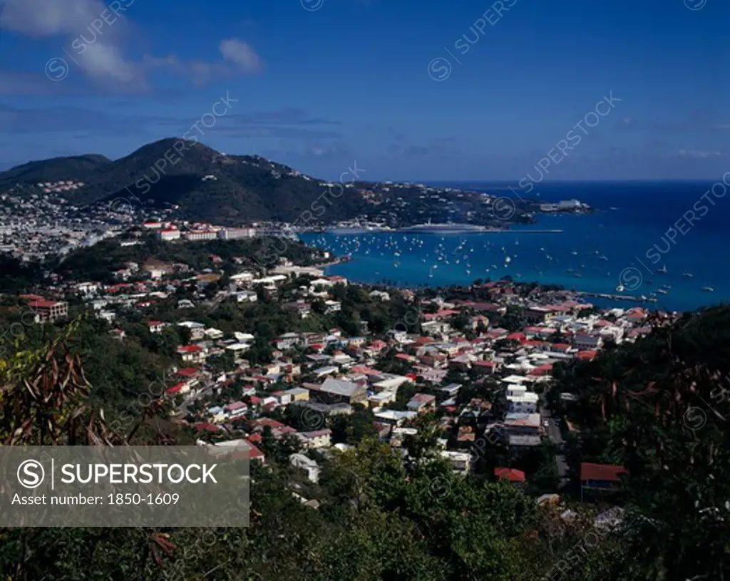 Us Virgin Islands, St Thomas, Charlotte Amalie. View Overlooking The Town And Bay Houses