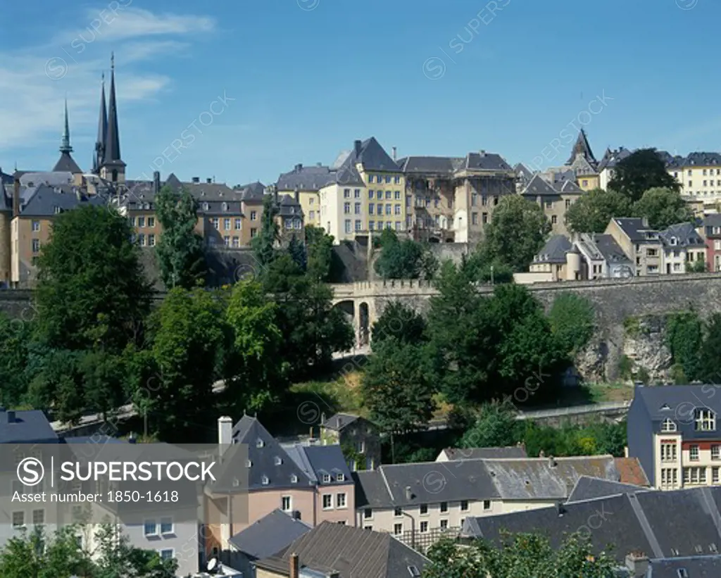Luxembourg, Luxembourg City, General View Across The City Rooftops Showing City Walland Distant Church Spires