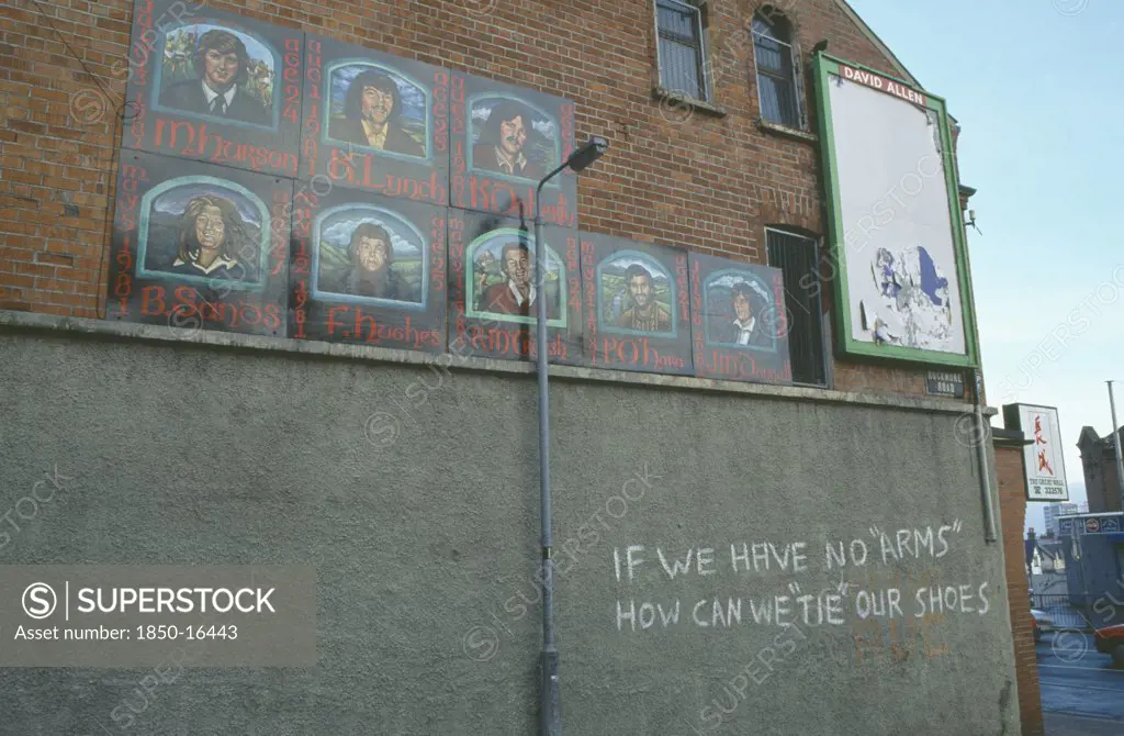 Ireland, North, Belfast, Falls Road. Donegal Road Area. No Arms And Hunger Strikers Murals