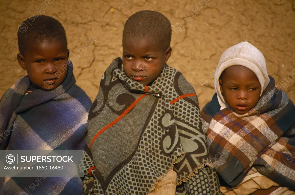 Lesotho, People, Children, Three Children Wrapped In Blankets