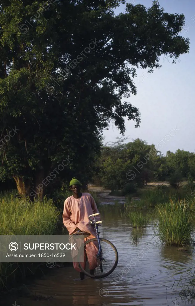 Gambia, People, Men, Man With Bicycle Wading Through Water