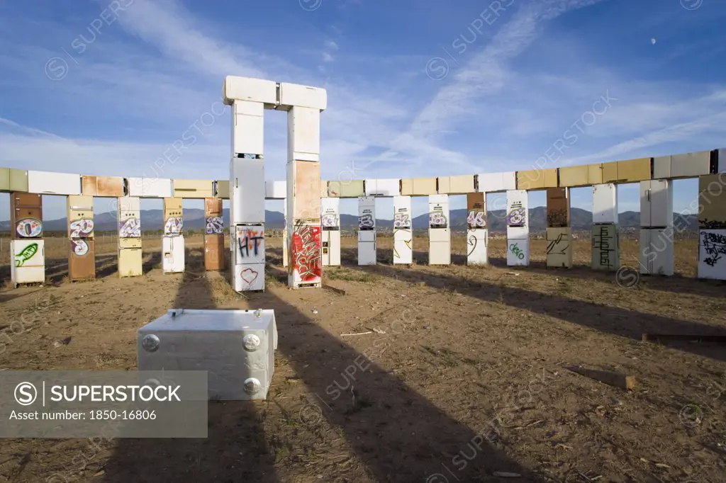 Usa, New Mexico, Santa Fe, Stonefridge A Life Sized Replica Of Stonehenge Made Out Of Recycled Fridges By Local Artist And Filmmaker Adam Horowitz