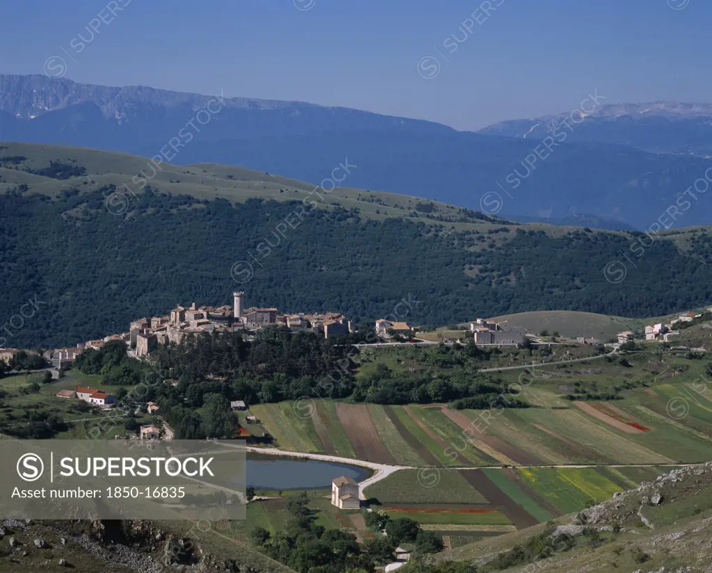 Italy, Abruzzo, Sanstefano Di Sessanio, General View Of The High Plateau Village Area East Of LAquila Town. Showing Strip Farming