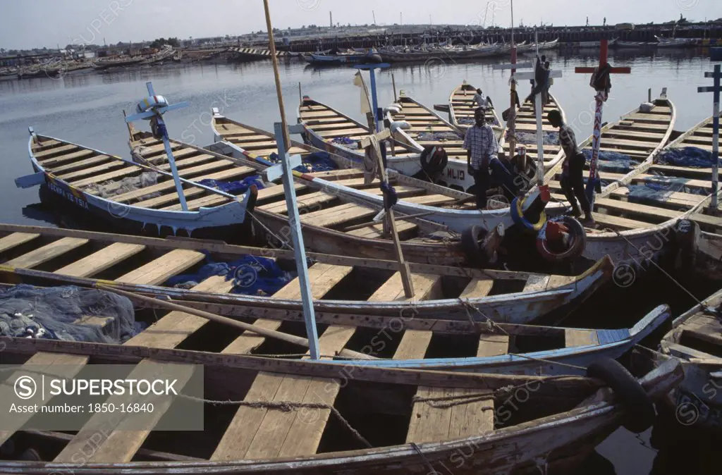 Ghana, Tema, Fishing Boats Moored In Harbour.