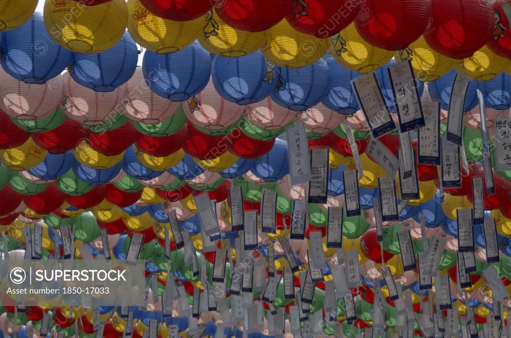 South Korea, Seoul, Jogyesa Temple. Buddhist Lanterns Hung To Celebrate Buddhas Birthday.