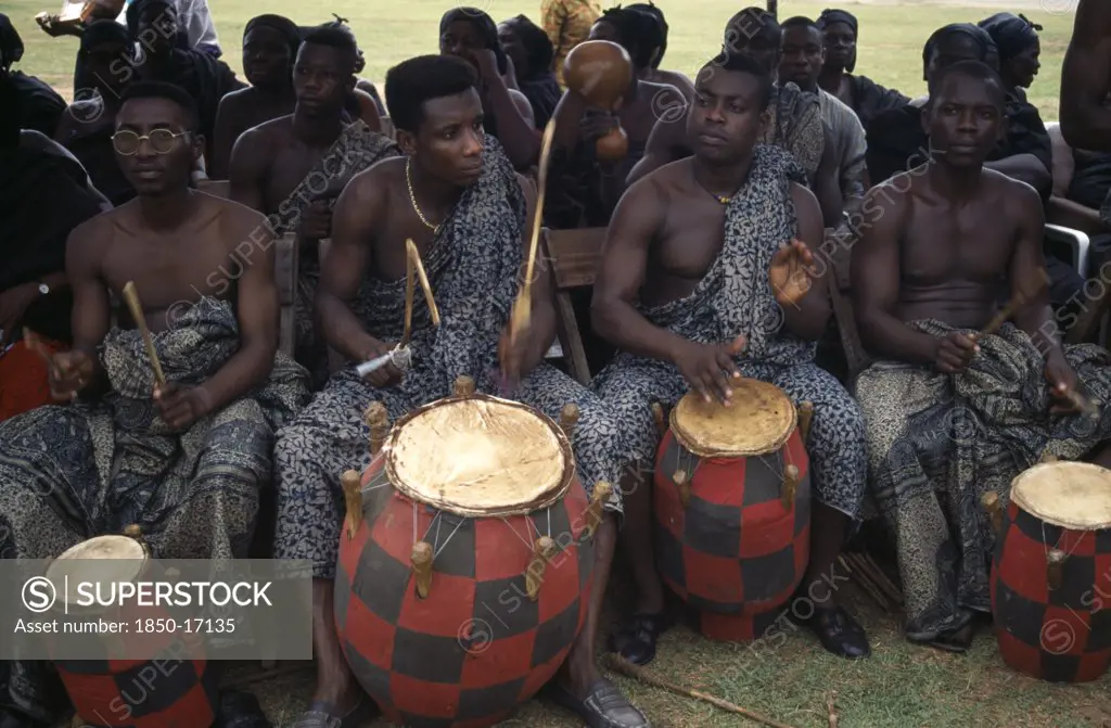Ghana, Kumasi, Drummers Playing At Funeral Of Wife Of A Chief.
