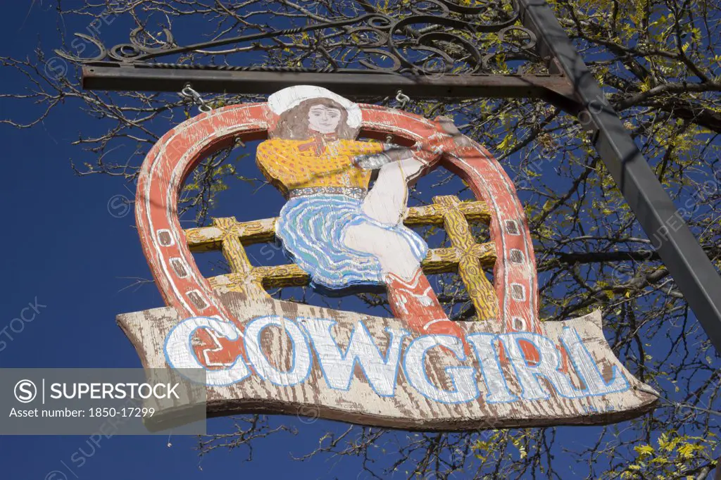 Usa, New Mexico, Santa Fe, The Cowgirl Cafe Sign