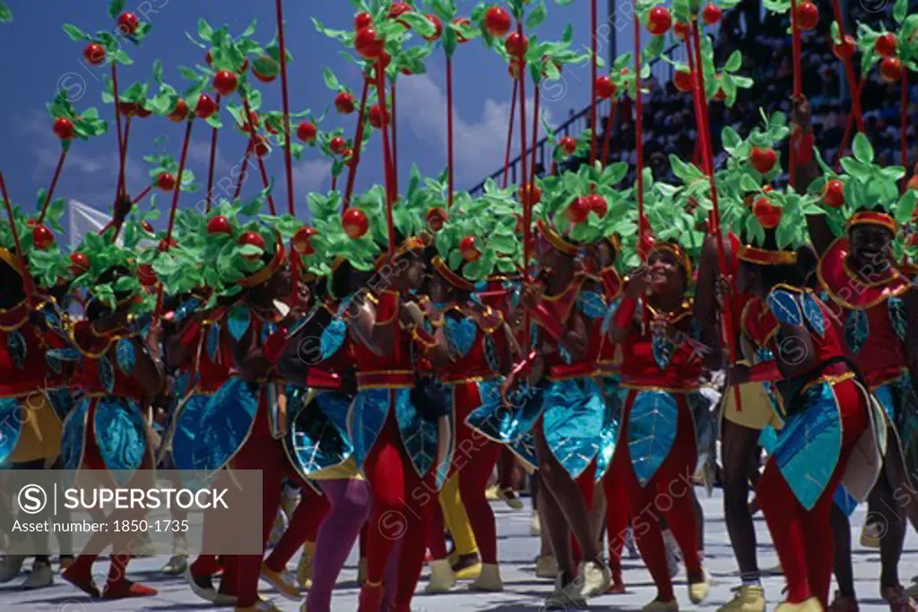 West Indies, Barbados, Festivals, 'Kadooment Day Or Crop Over, The Sugar Cane Harvest Festival Held In August.  Dancers In Colourful Costume. '