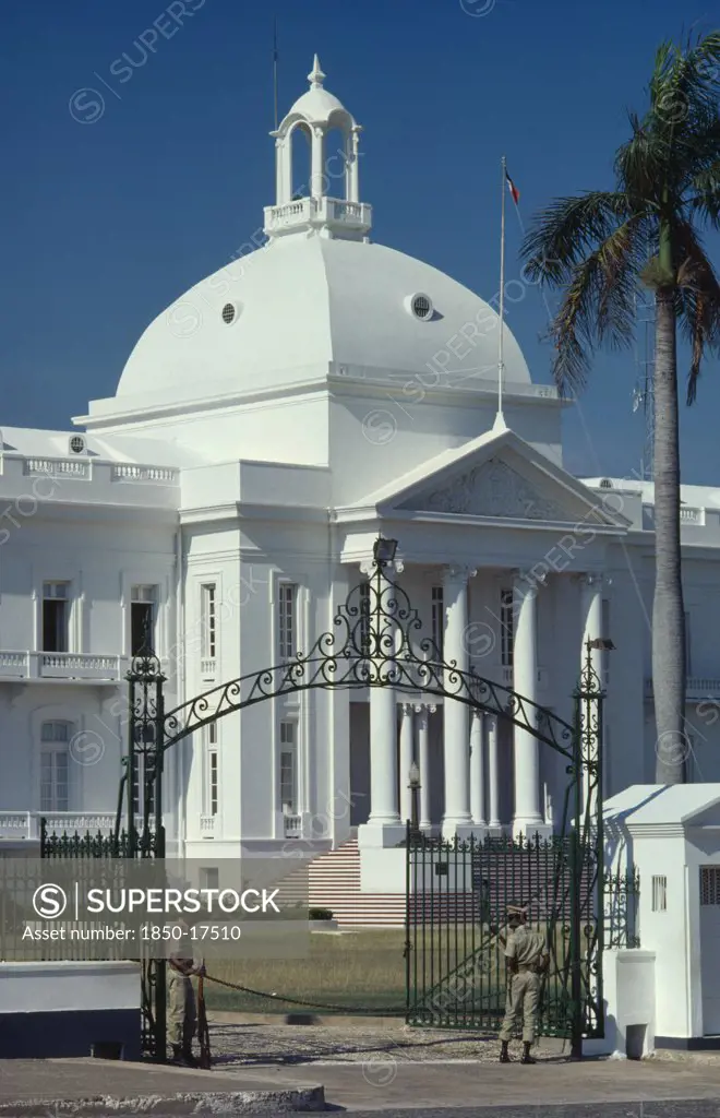 Haiti, Port Au Prince, The Presidential Palace.  Detail Of White Painted Exterior With Dome And Colonnaded Entrance.
