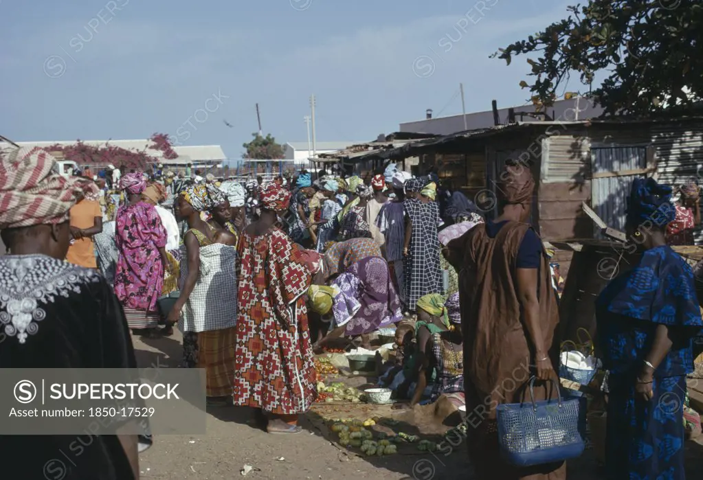 Gambia, Banjul, Busy Market Scene.