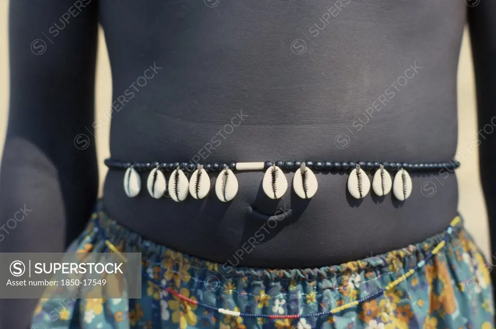 Sudan, Tribal People, Cropped Shot Of Dinka Girl Wearing Cowrie Shell Belt To Indicate Puberty.