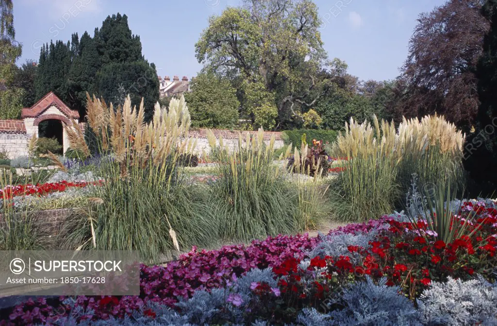 England, East Sussex, Lewes, Southover Grange Gardens. Colourful Flower Bedding Displays