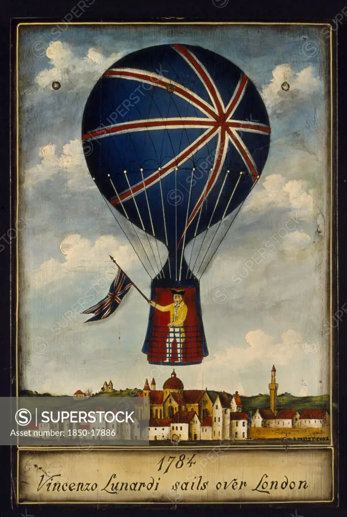 France, Normandy, Balleroy, 'Musee Des Ballons In The Chateau De Balleroy. Illustration Depicting Vincenzo Lunardi, An Italian Diplomat Who Piloted The First Balloon Flight In England In 1784 At Moorfields In London.'
