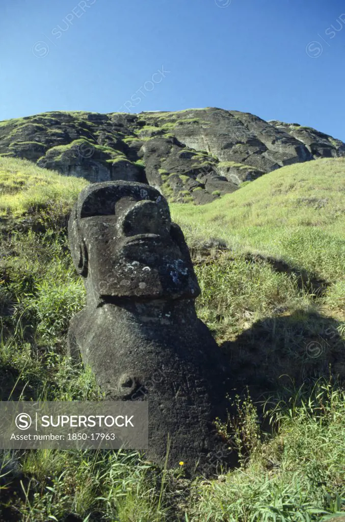 Pacific Islands, Easter Island, Rano Raraku Crater. Monolith Moai Head Statue